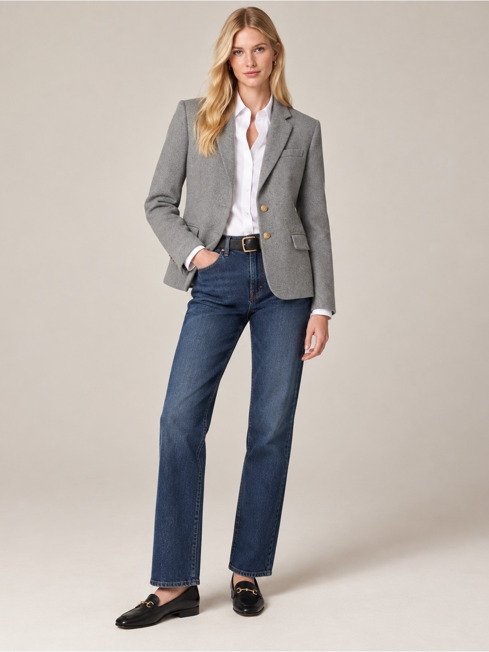 J.Crew Mercantile Gray Wool Blend Gold Crest Button Preppy Blazer Jacket Size 6